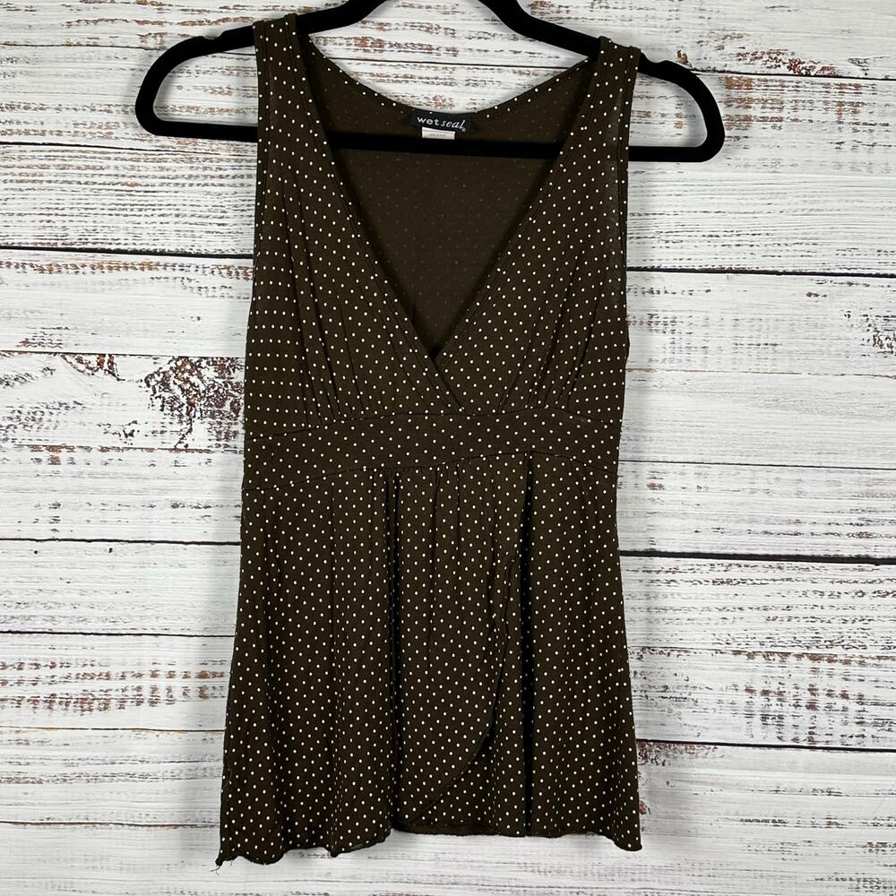 Womens Y2K Wet Seal Brown Cream Polka Dot Empire Waist Sleeveless Knit Top Sz M